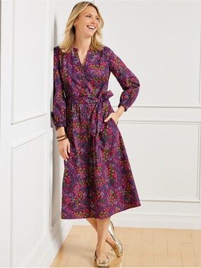 Talbots PUFF SLEEVE POPLIN SHIRTDRESS w pockets BLOSSOM PARTY women’s size 14